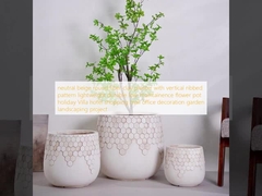 নিরপেক্ষ বেজ বৃত্তাকার ফাইবার কাদামাটি রোপণকারী উল্লম্ব রিবড প্যাটার্ন সহ হালকা ওজনের টেকসই কম রক্ষণাবেক্ষণ ফুল পাত্র ছুটির দিন ভিলা হোটেল শপিং মল অফিস সজ্জা বাগান উদ্যান প্রকল্প